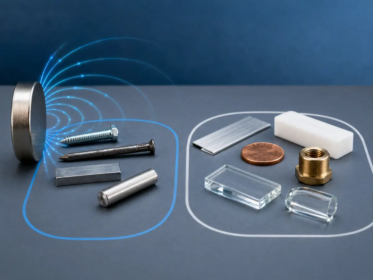 Konzeptdarstellung zum Vergleich magnetischer und nicht magnetischer Alltagsgegenstände in der Nähe eines Magneten