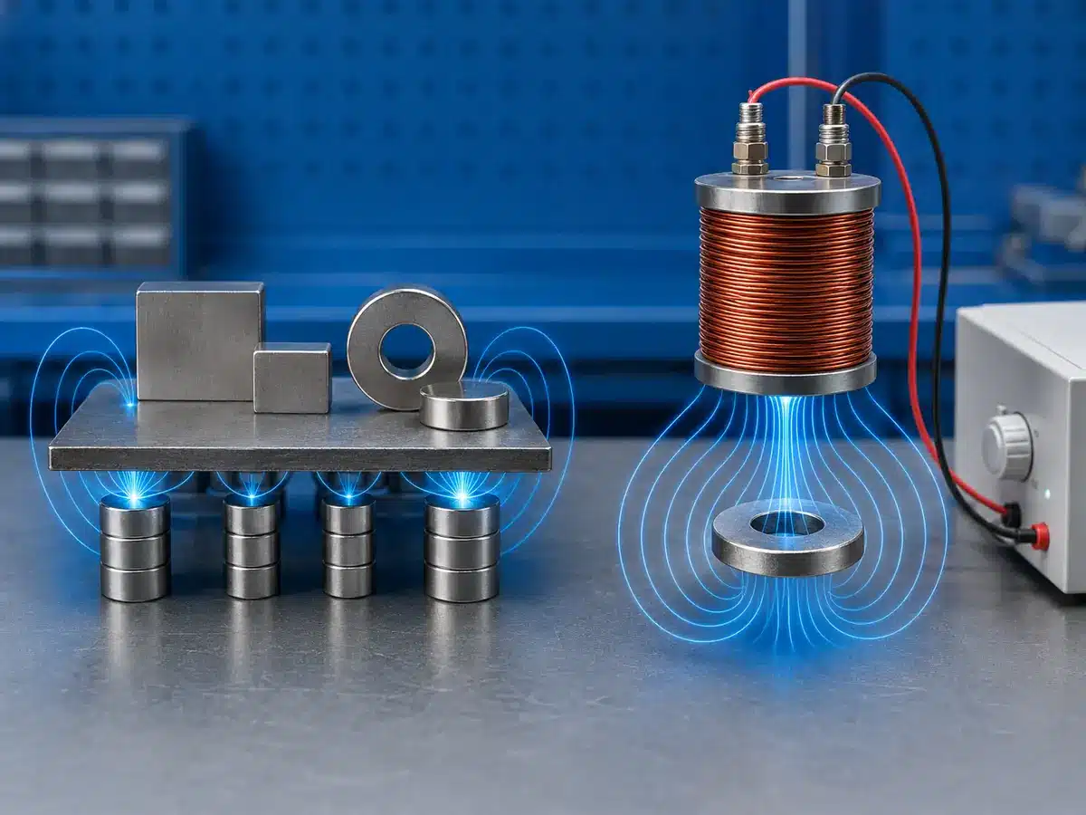 Konzeptdarstellung zum Vergleich von Permanentmagneten und einem Elektromagneten auf einer technischen Werkbank