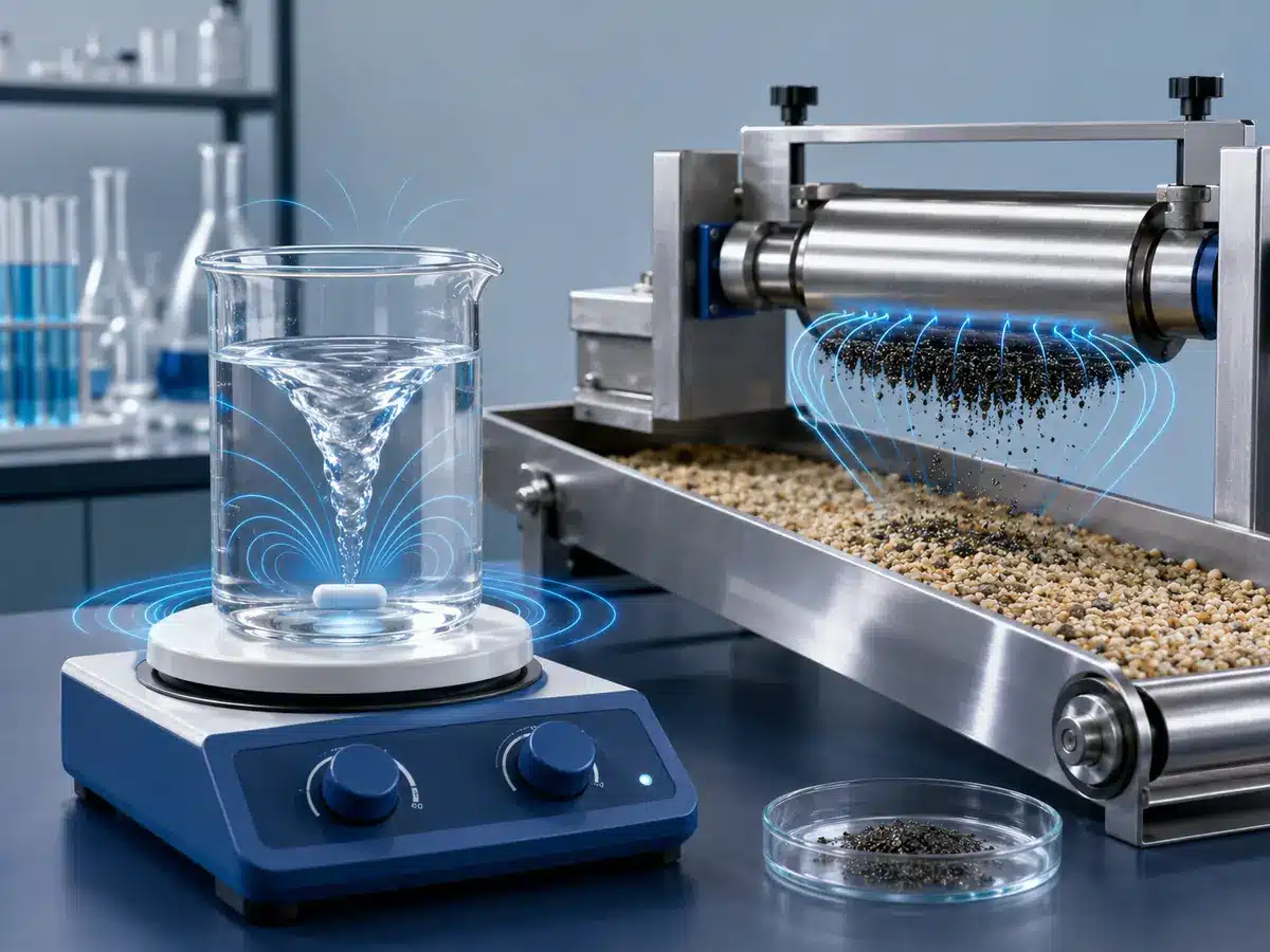 Konzeptdarstellung eines Magnetrührers und Magnetabscheiders für die Materialtrennung im Labor und in der Industrie