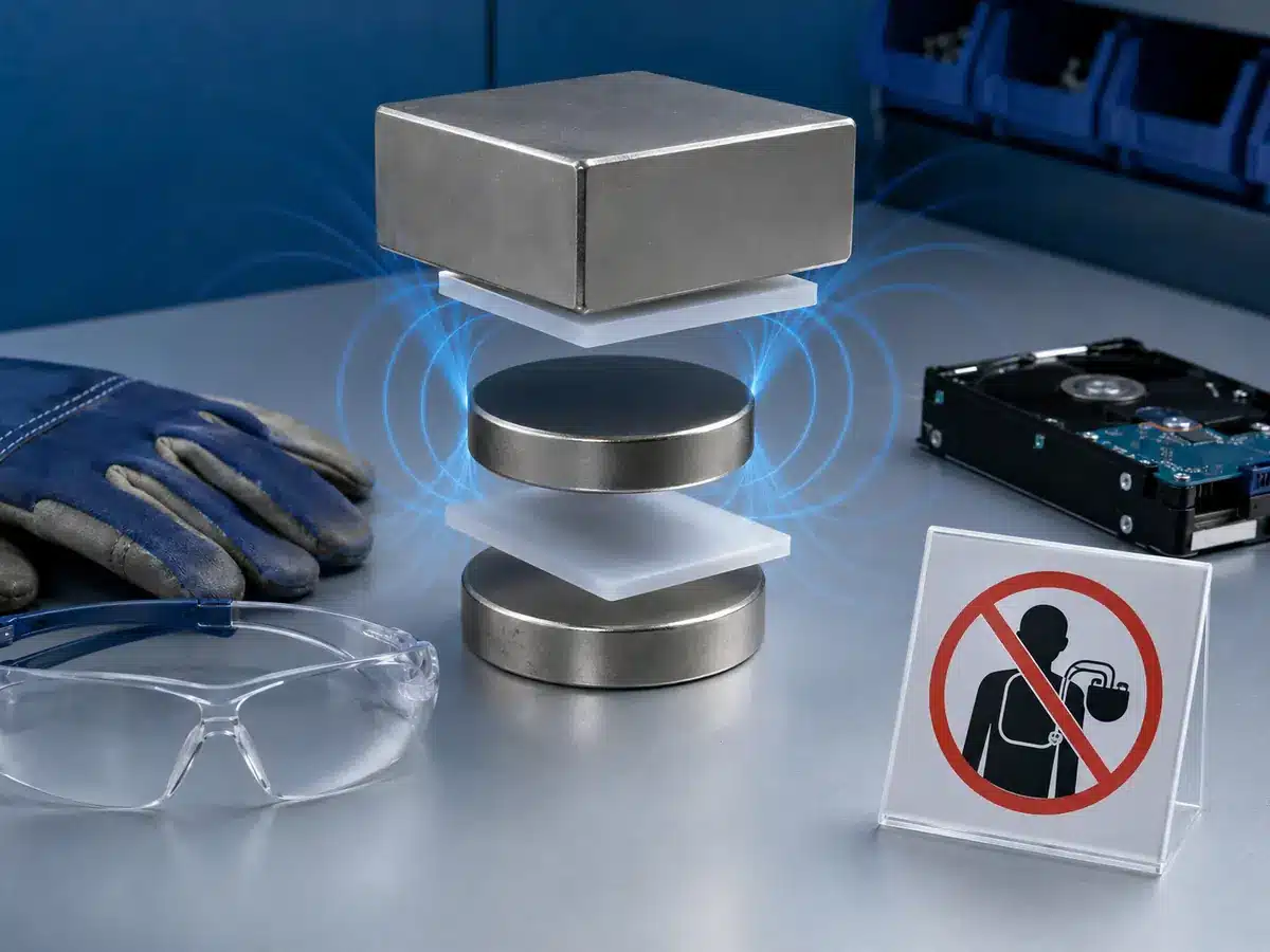 Konzeptdarstellung zur Sicherheit: starke Magnete, durch Abstandshalter getrennt, mit Handschuhen, Schutzbrille und empfindlichen Geräten in der Nähe