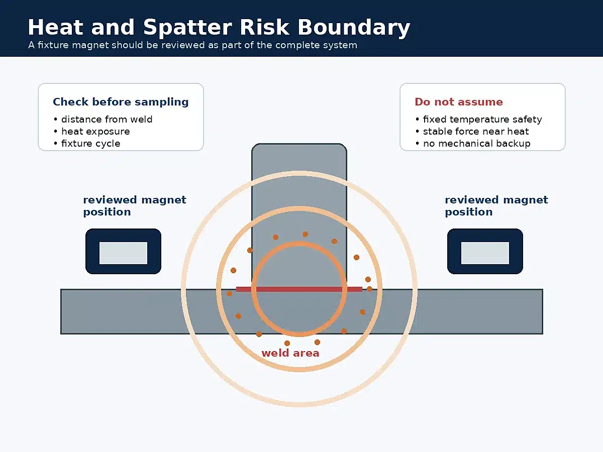 Heat and spatter risk boundary for welding fixture magnets