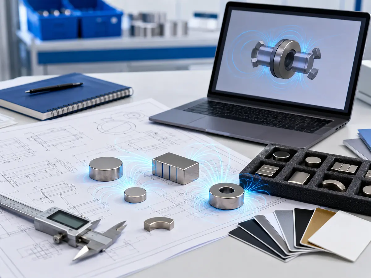 Konzeptdarstellung zur Vorbereitung einer Angebotsanfrage für kundenspezifische Magnete mit technischen Zeichnungen, Messschieber, Beschichtungsmustern und Magnetformen