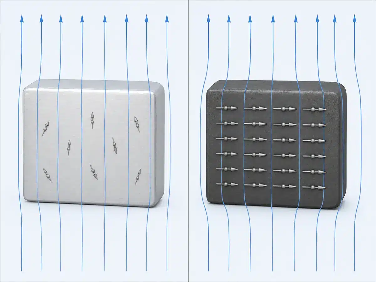 Darstellung der schwachen paramagnetischen Reaktion von Aluminium im Vergleich zu ferromagnetischem Stahl