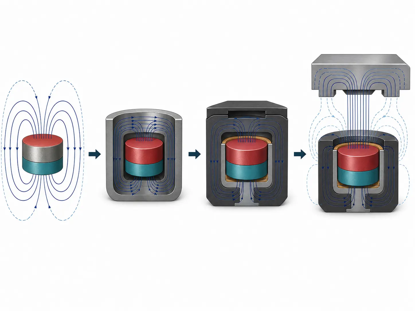 Bare magnet, steel cup, housing and final working gap shown as an assembly sequence