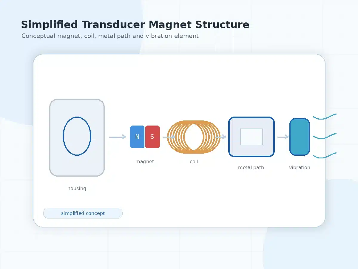 Simplified bone conduction transducer structure showing magnet coil metal path and vibration element