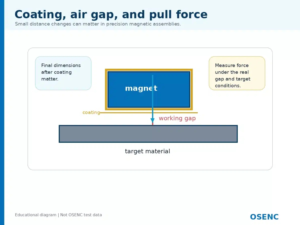 Diagram showing how coating and working gap affect real magnetic pull conditions.