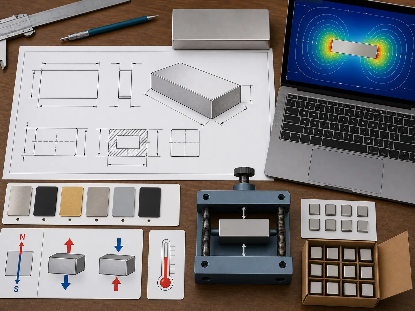 Disegno del magnete, rivestimento, magnetizzazione, temperatura, traferro, quantità e dati di ingresso per la simulazione