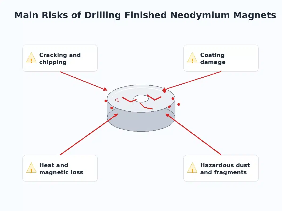 Main risks of drilling finished neodymium magnets including cracking coating damage heat and dust
