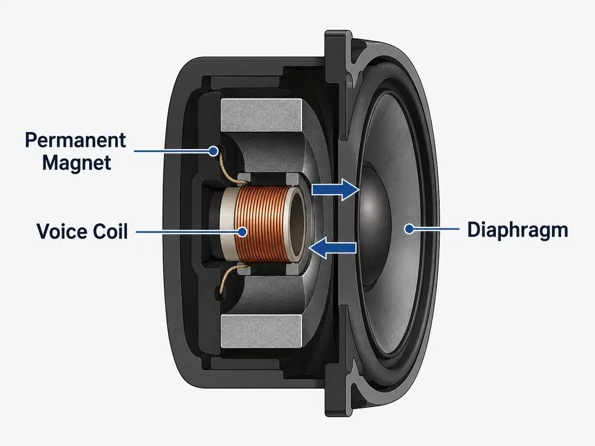 Simplified dynamic headphone driver diagram showing magnet, voice coil, and diaphragm