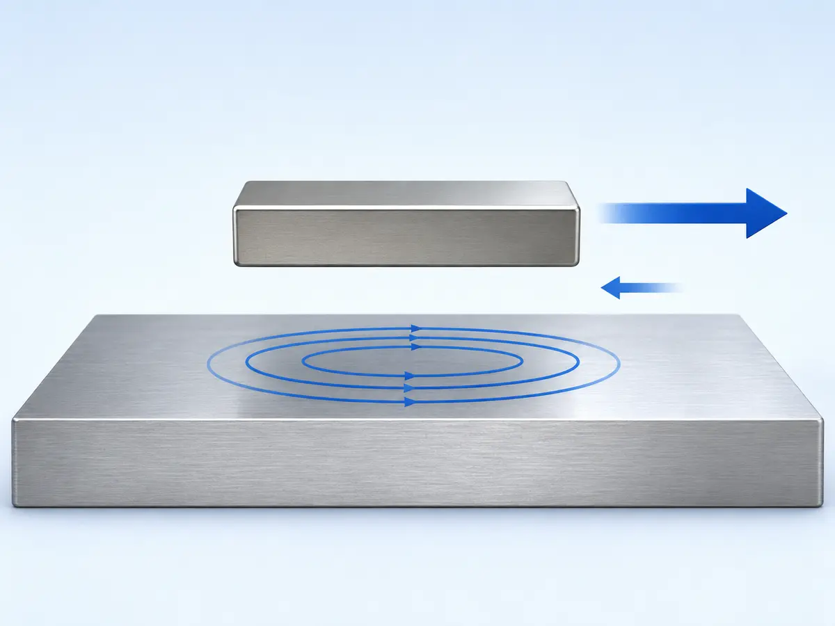 Über Aluminium bewegter Magnet, der Wirbelströme und eine entgegenwirkende magnetische Bremskraft erzeugt