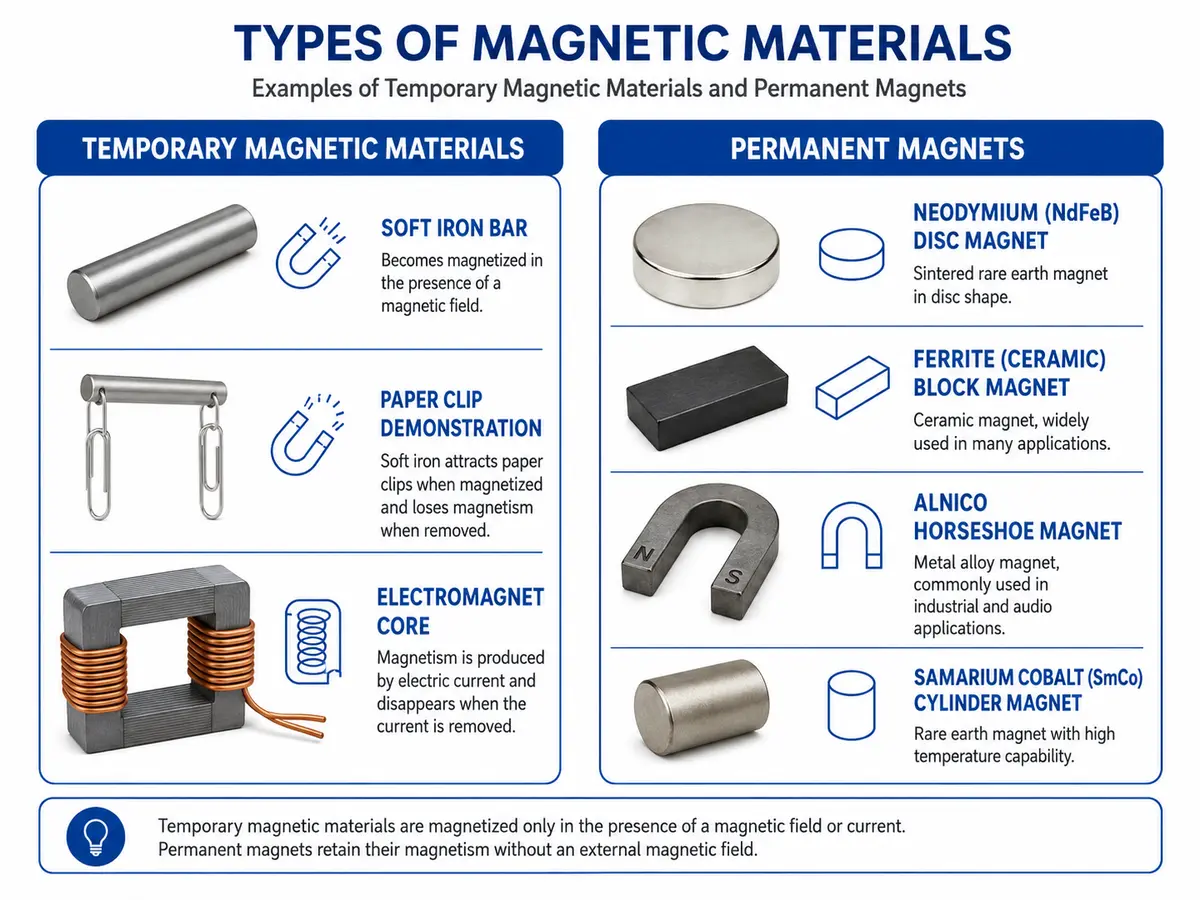Examples of temporary and permanent magnets