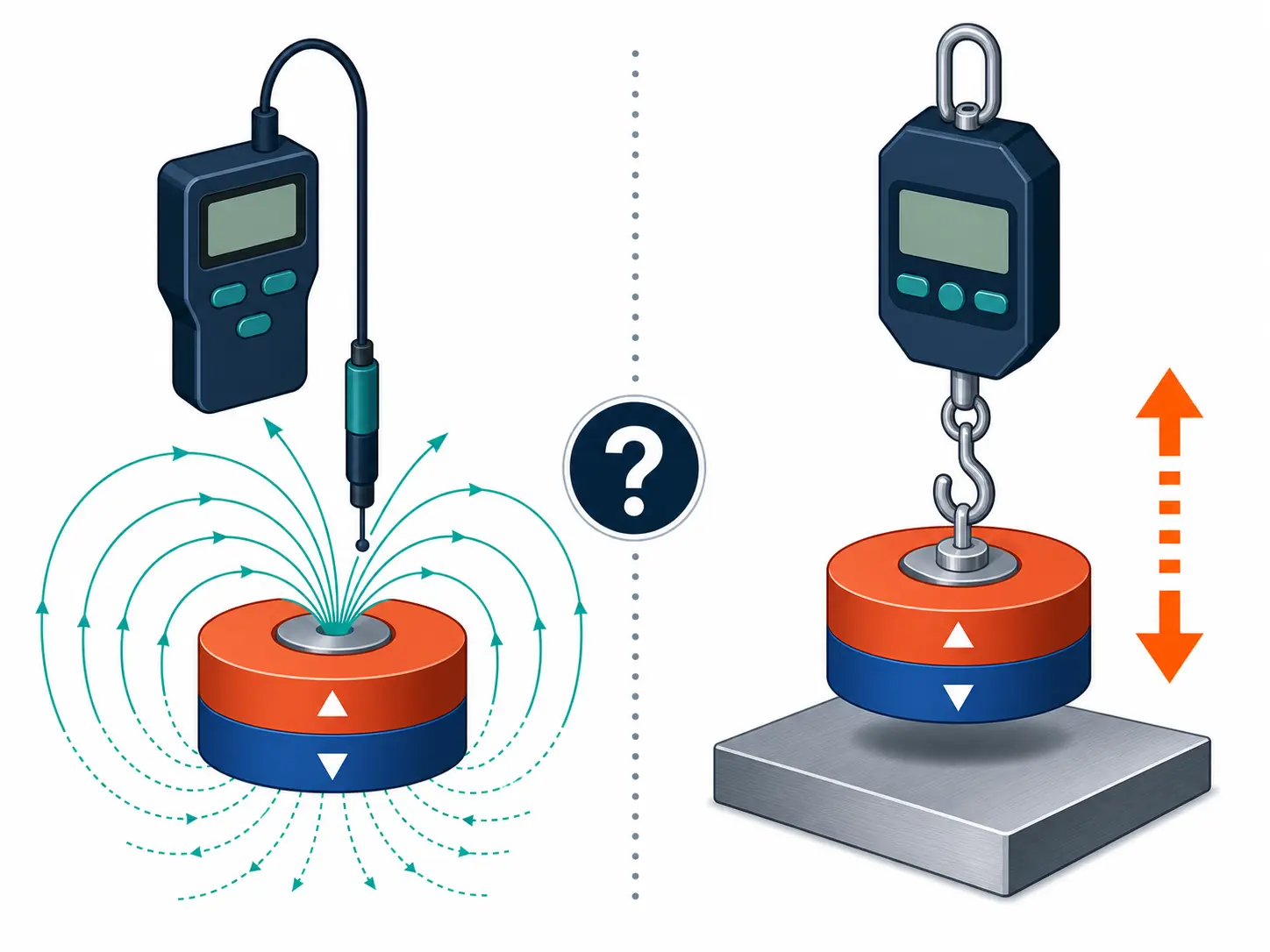 Gauss meter measuring field at a point compared with a pull force separation test