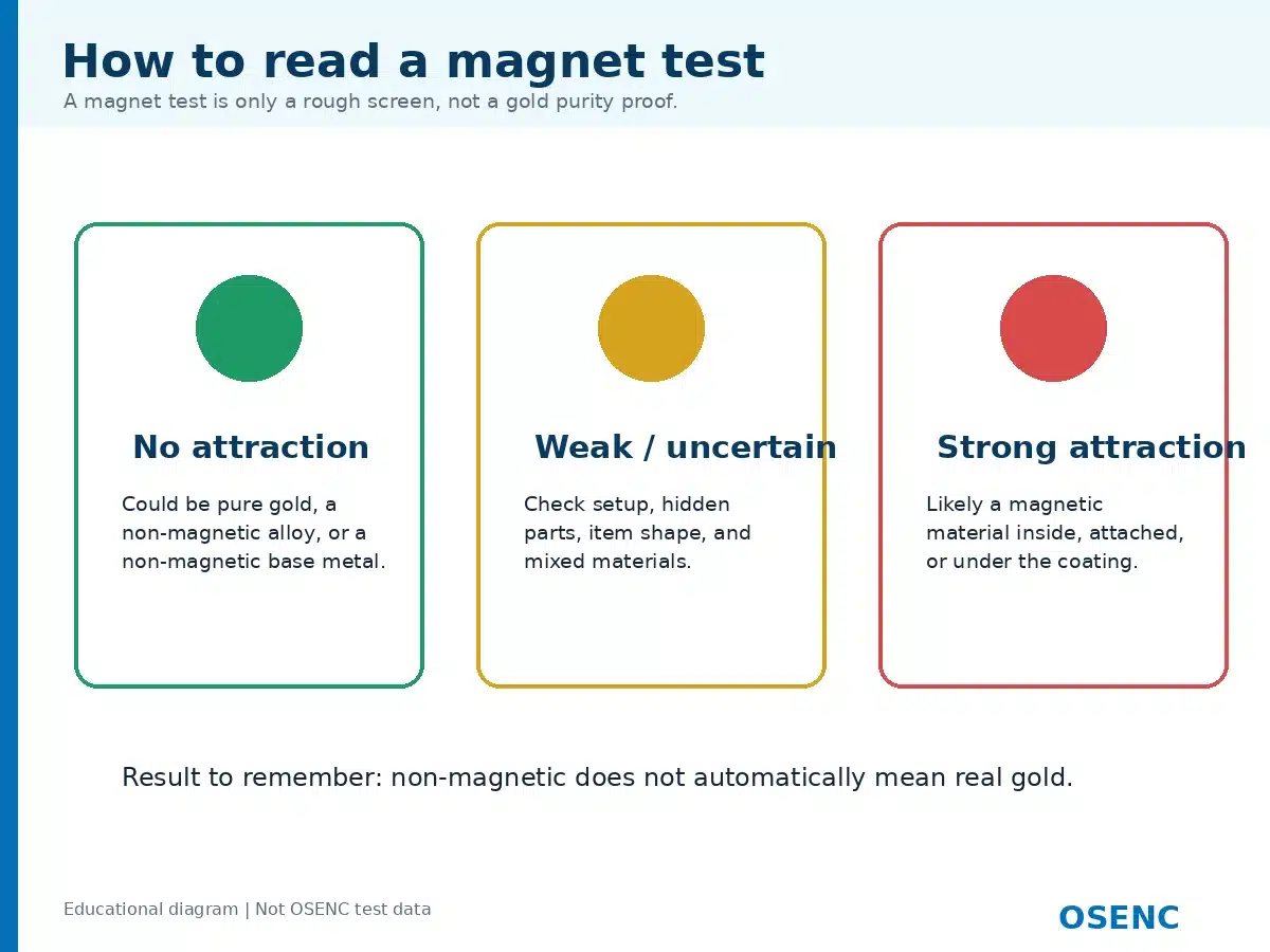 Three common magnet test outcomes for gold-colored objects.