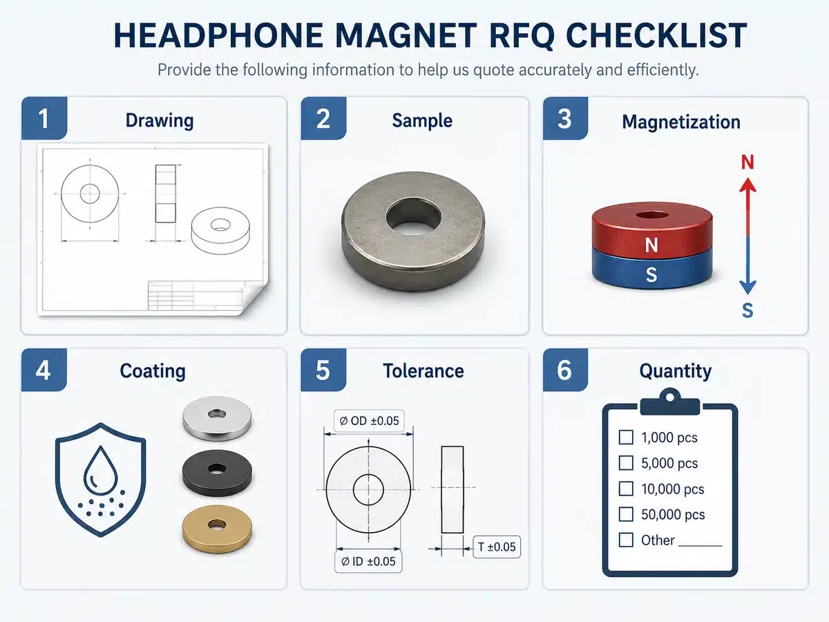 Headphone magnet RFQ checklist with drawing, sample, magnetization, coating, tolerance, and quantity details