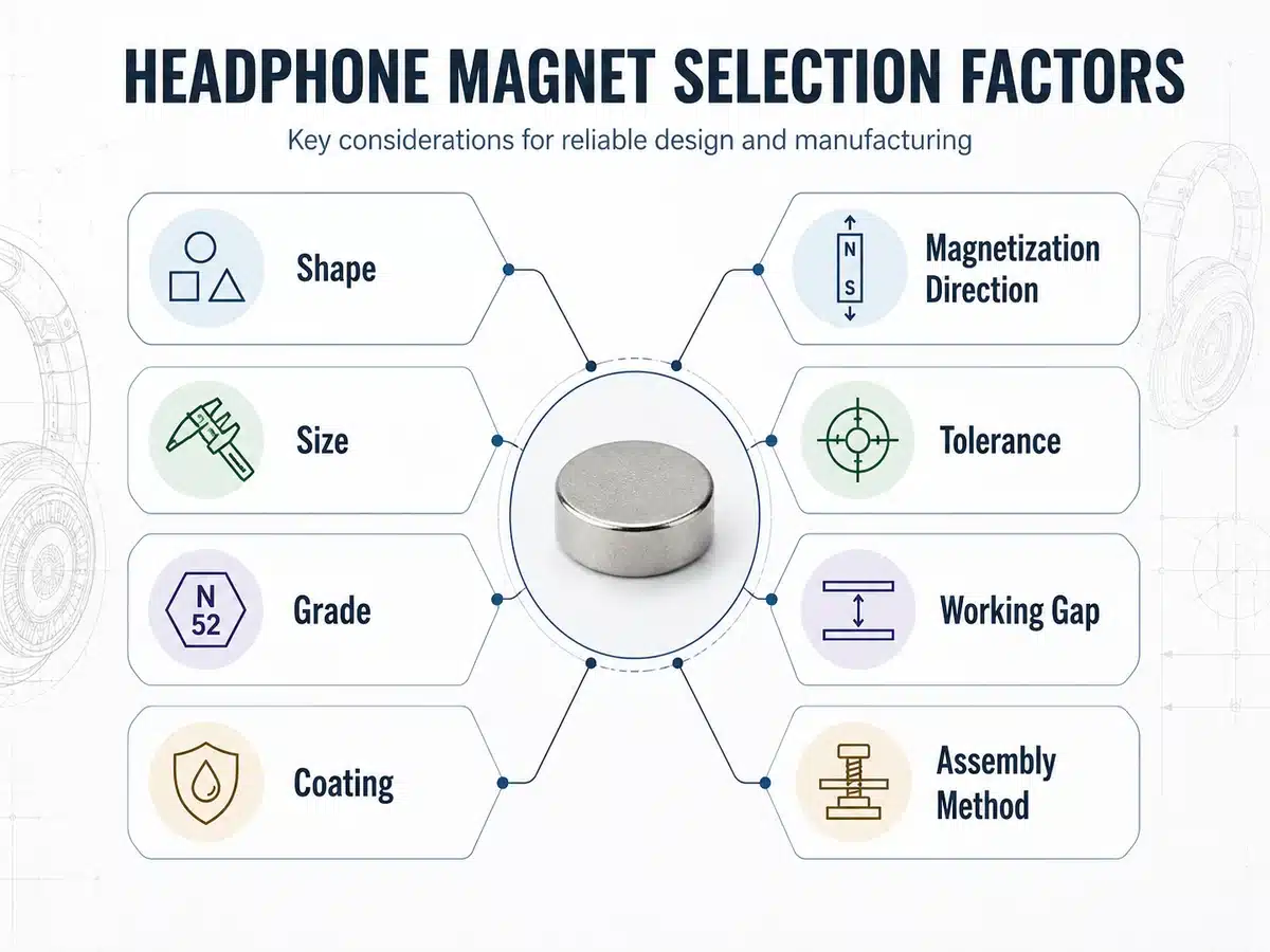 Headphone magnet selection factors including shape, grade, coating, magnetization, tolerance, and assembly