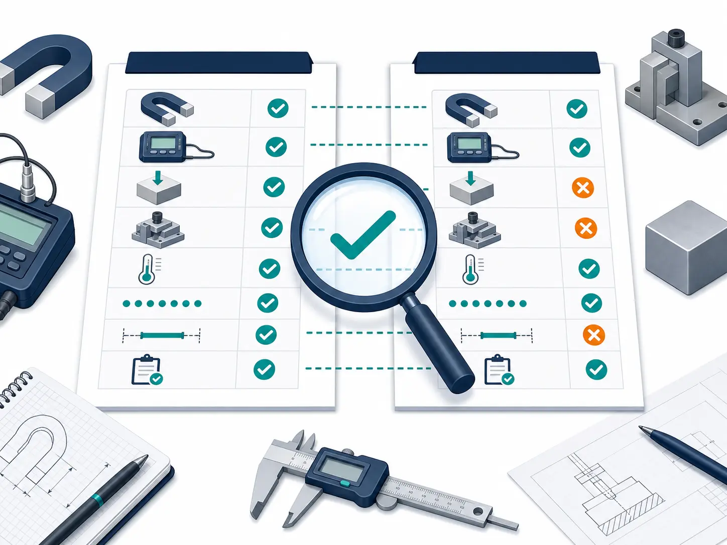 Two magnet test reports compared for instrument, fixture, position and test conditions