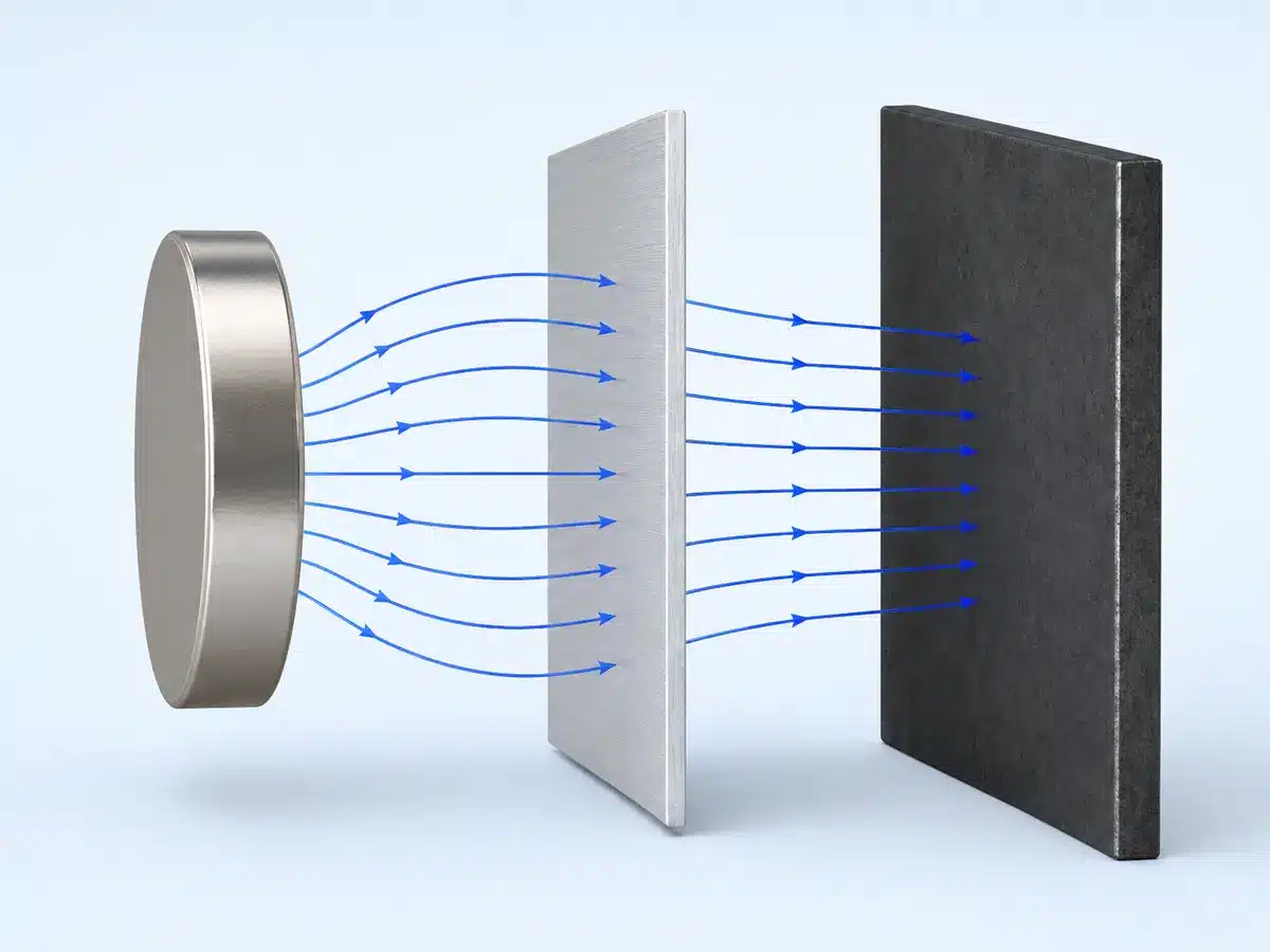 Magnetfeld, das eine Aluminiumplatte in Richtung einer Zielplatte aus Stahl durchdringt