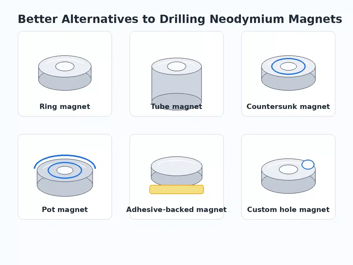 Alternatives to drilling neodymium magnets including ring countersunk pot adhesive and custom magnets