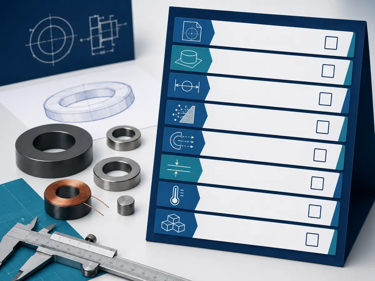 Visualisierung einer RFQ-Checkliste mit Mikrofonmagnetmustern, Spule, Messschieber und leeren Checklistenzeilen