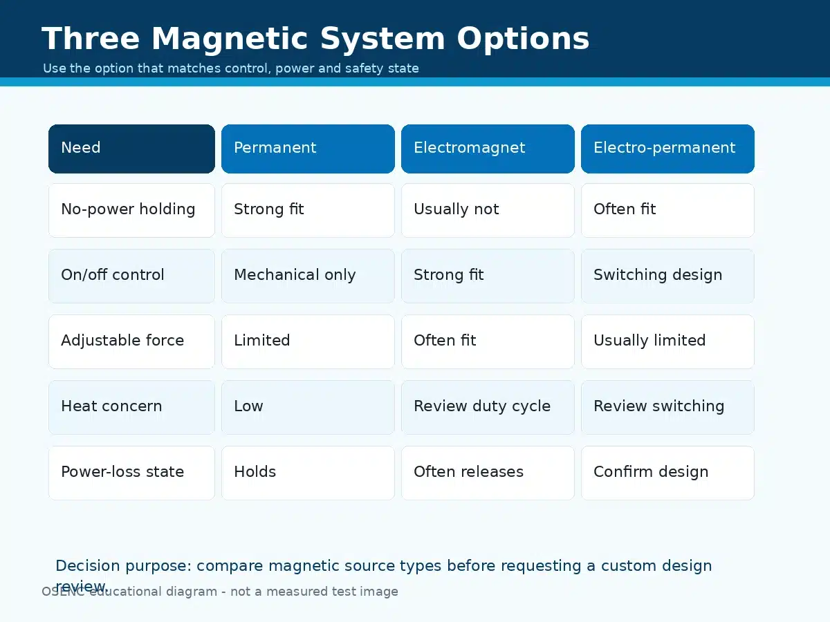 Decision table comparing permanent magnets, electromagnets and electro-permanent magnets