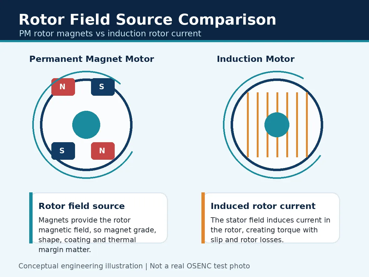 Permanent magnet rotor field compared with induction rotor current