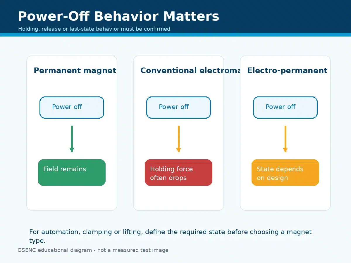Power-off behavior comparison for permanent, electromagnetic and electro-permanent systems