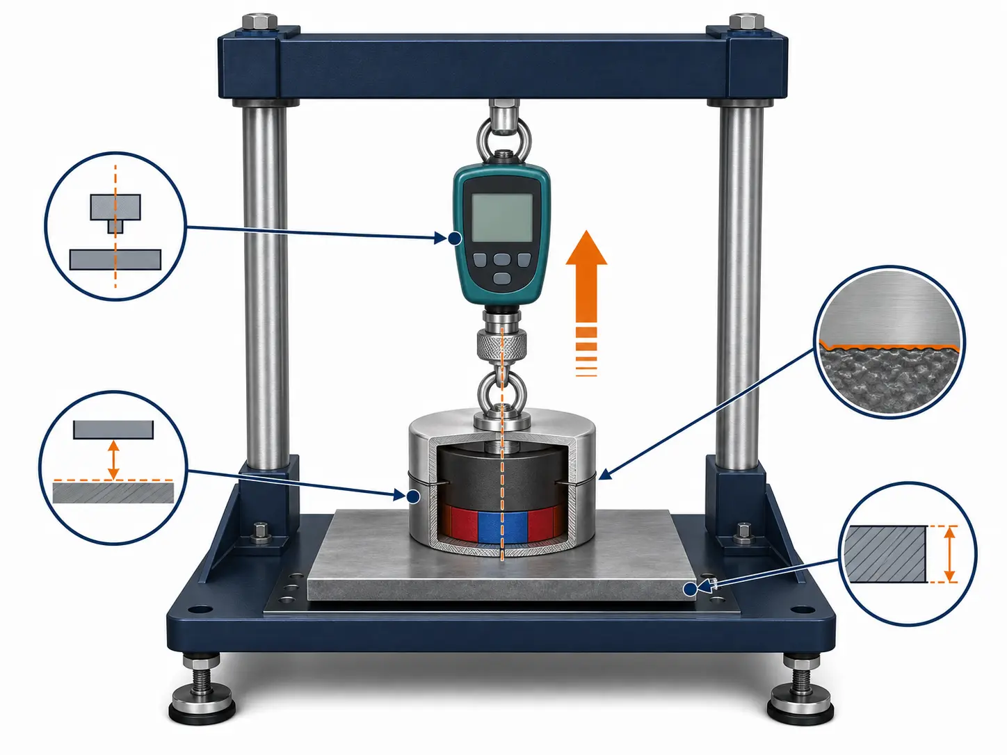 Force gauge pulling a magnetic assembly vertically from a defined steel test plate