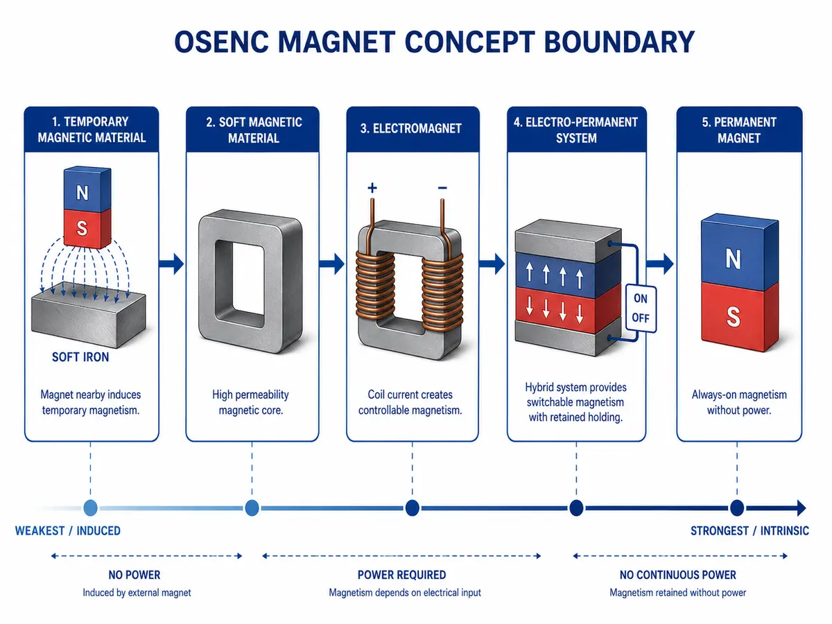 Temporary magnet, electromagnet and soft magnetic material comparison