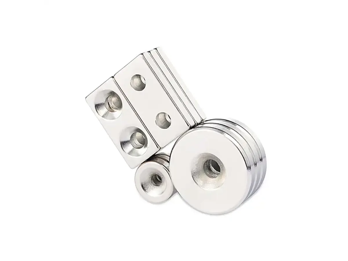 Countersunk neodymium magnets in round and rectangular screw-mount shapes