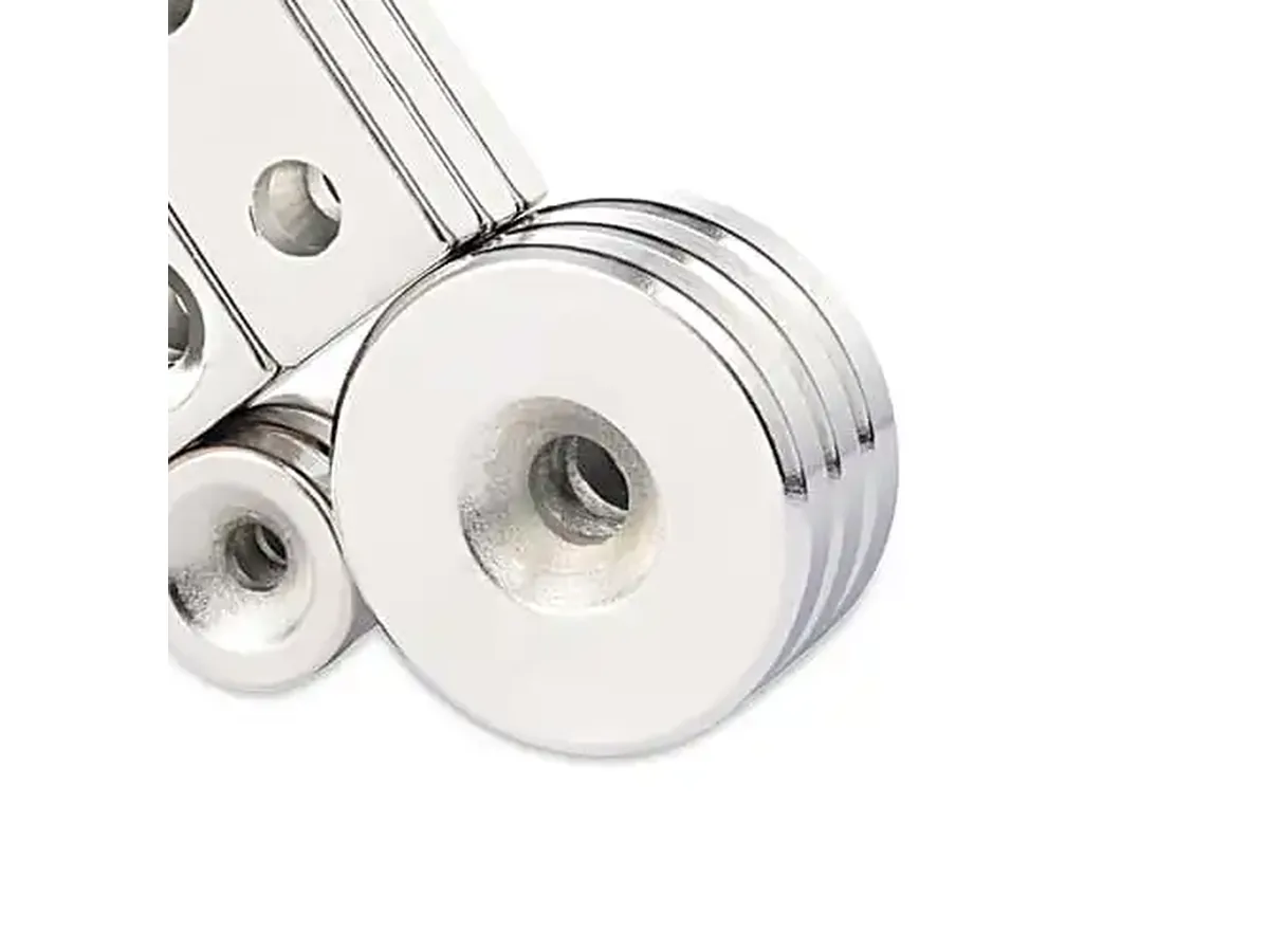 Close-up of a countersunk recess on a round neodymium magnet