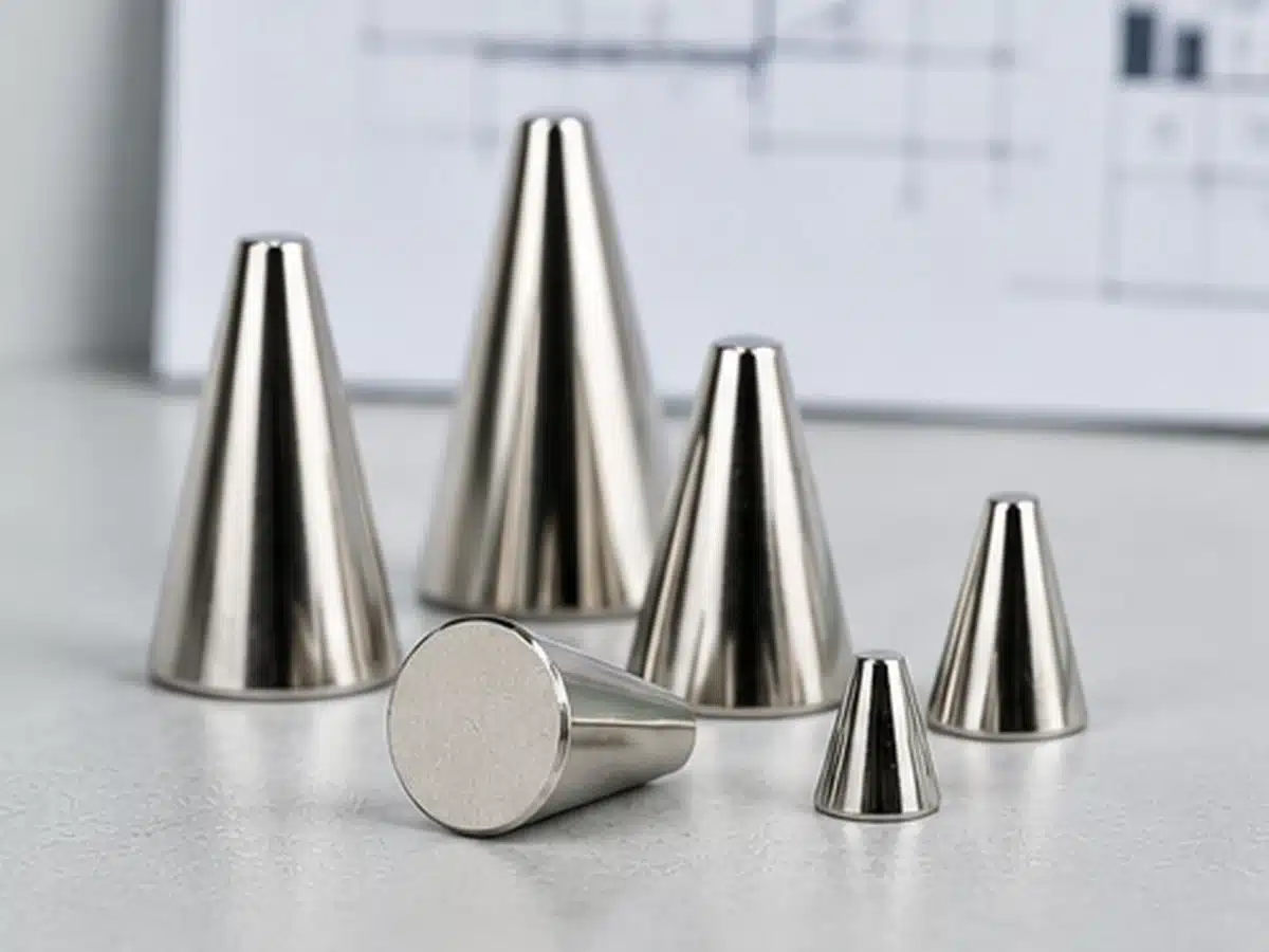 Neodymium cone magnets in multiple tapered sizes with flat tips and wide bases