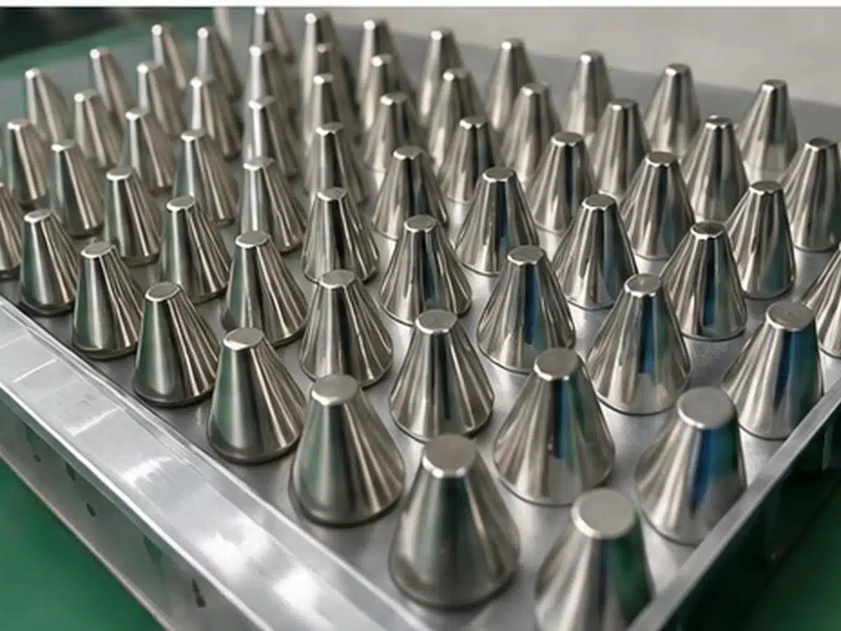 Illustrative batch presentation of multiple neodymium cone magnets arranged on a tray