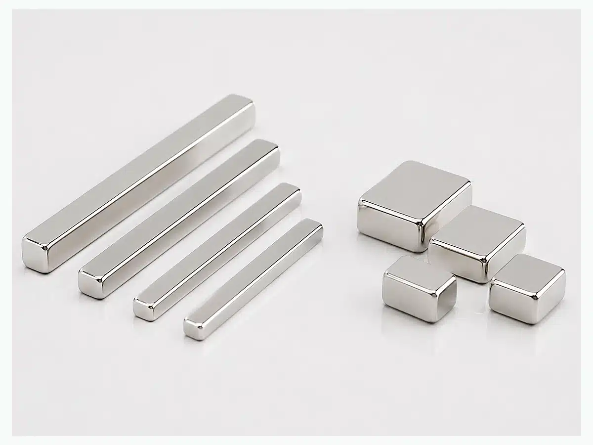 Representative surface finishes for neodymium bar magnets including metallic black and white coated examples