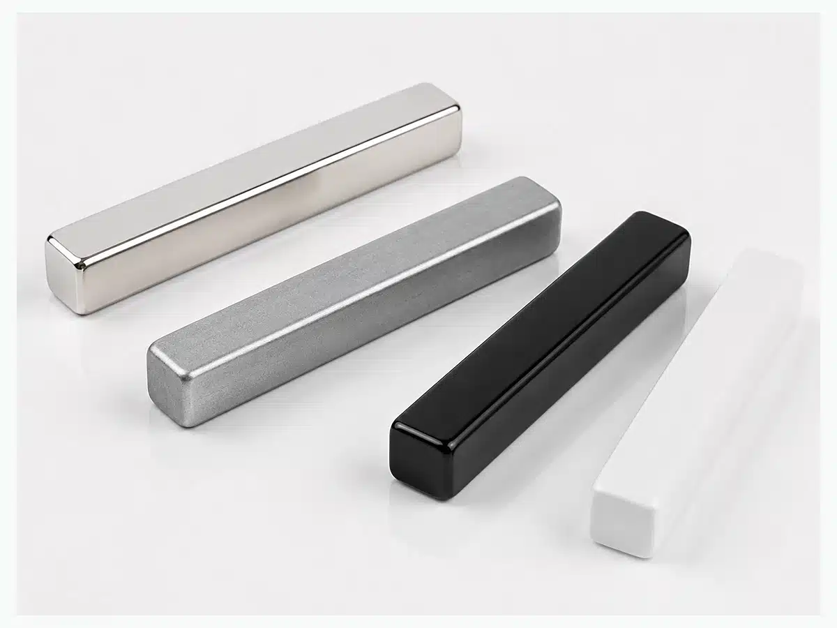 Neodymium bar magnets showing representative through-thickness through-width and through-length pole directions