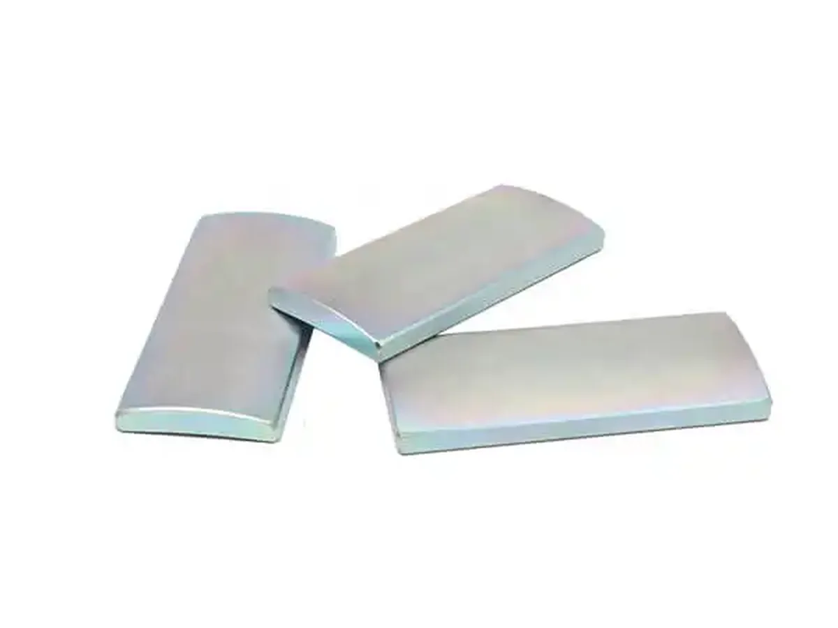 Zinc coated neodymium block magnets with a matte silver blue metallic finish